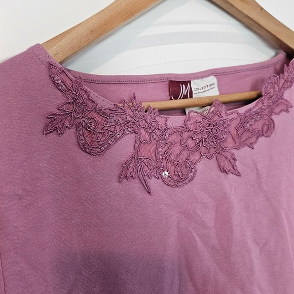Vintage JM Collection Blouse Womens Large Pink Lace Floral Stretch Soft Casual - Picture 3 of 8